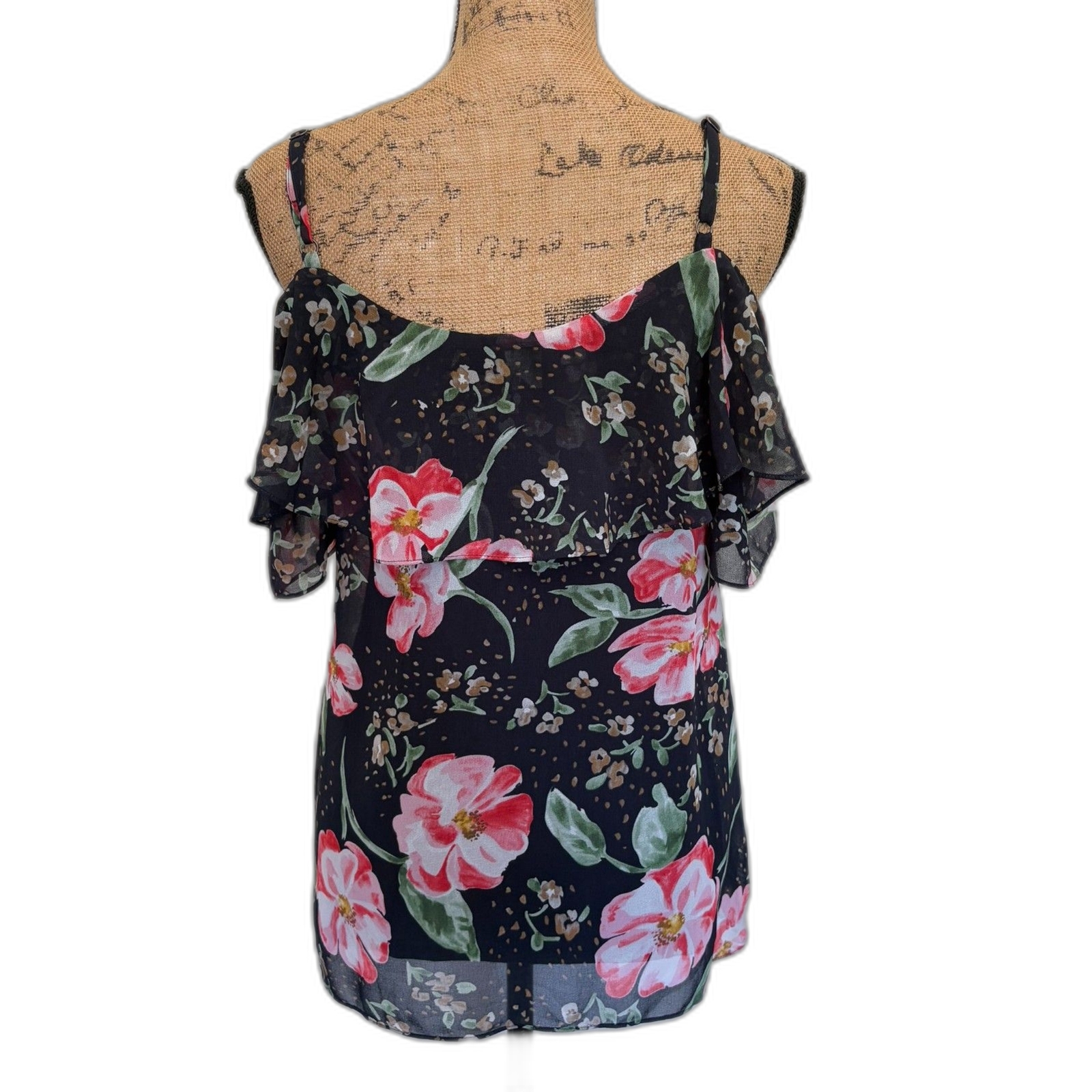 Cabi #5220 Fairytale Floral Blouse Cold Shoulder Romantic Black Pink Size XS