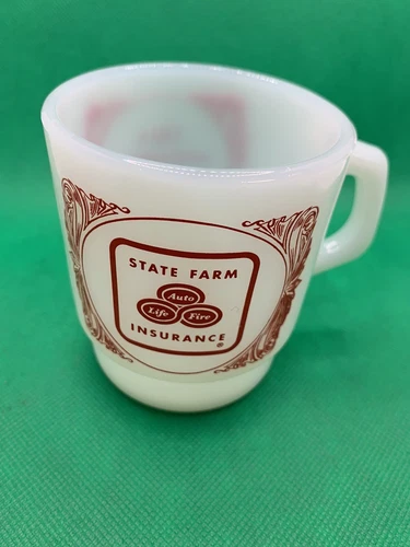 Vintage Fire King Coffee Cup Mug State Farm Insurance Anchor Hocking Milk Glass