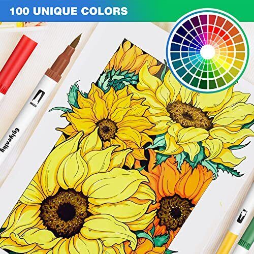 Eglyenlky Markers for Coloring Book Adults Relaxation, Dual Tip Brush Pens with 100 Watercolor Fine Tip Markers (0.4mm) and Brus