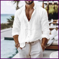Men Cotton Linen Summer Beach Shirt Solid Col...
