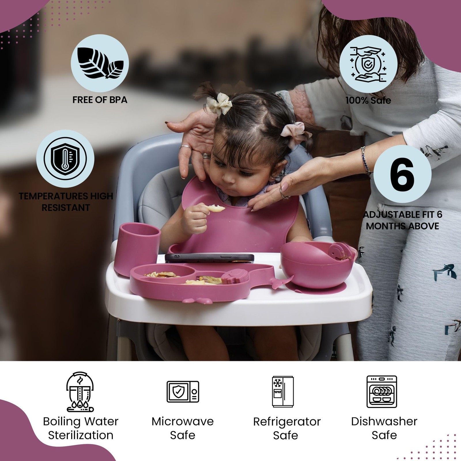 Silicone Baby Feeding Set 7 PCS Suction Bowl Plate Bib Cup Utensils 6 Months+