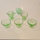 Vintage Green Uranium Four Glass Bowls, Uranium Creamer & Jadeite Teacup Set