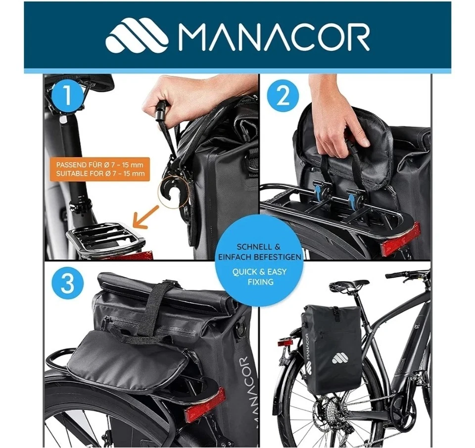 Manacor borsa per bicicletta 3 in 1, impermeabile, borsa a tracolla, borsa da... - Immagine 3 di 4