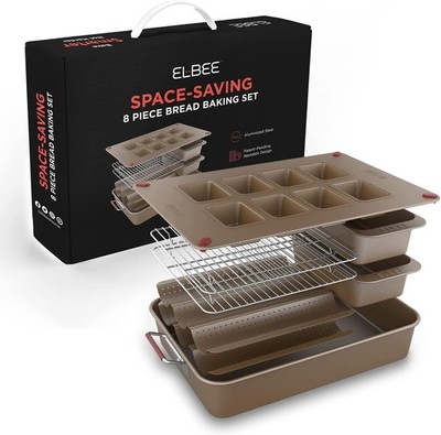Elbee Home 8-Piece Nonstick Space Saving Bread Baking Pan Set - Includes Larg...