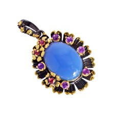 Natural Blue Chalcedony Amethyst 925 Silver Pendant Black Rhodium Gold Plated