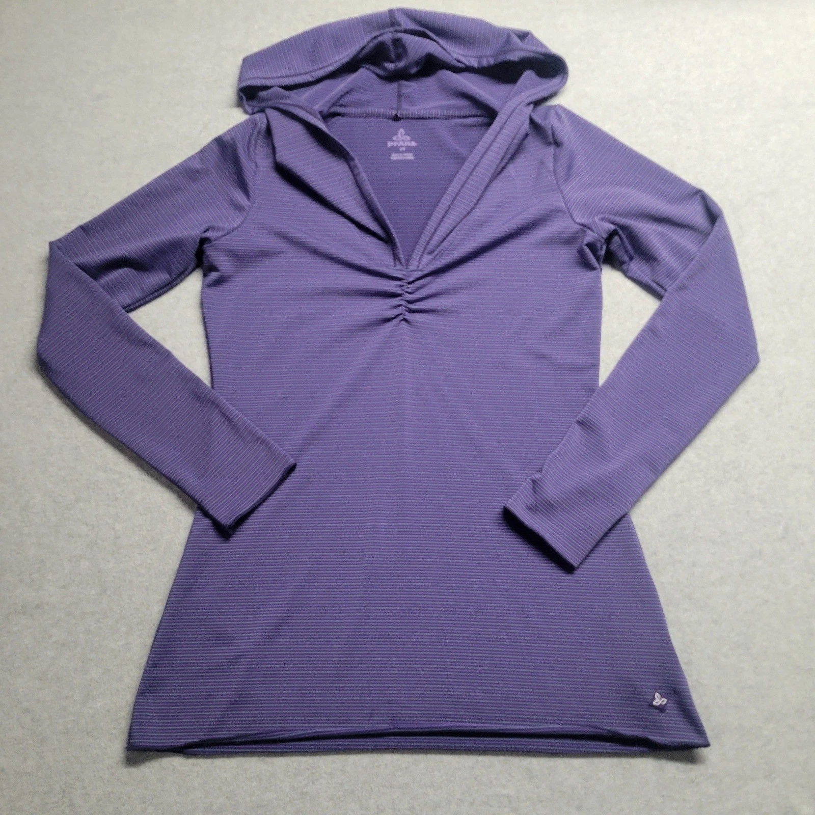 Prana Purple Striped Perry Hooded Long Sleeve Top Ruched V-Neck XS Gorpcore