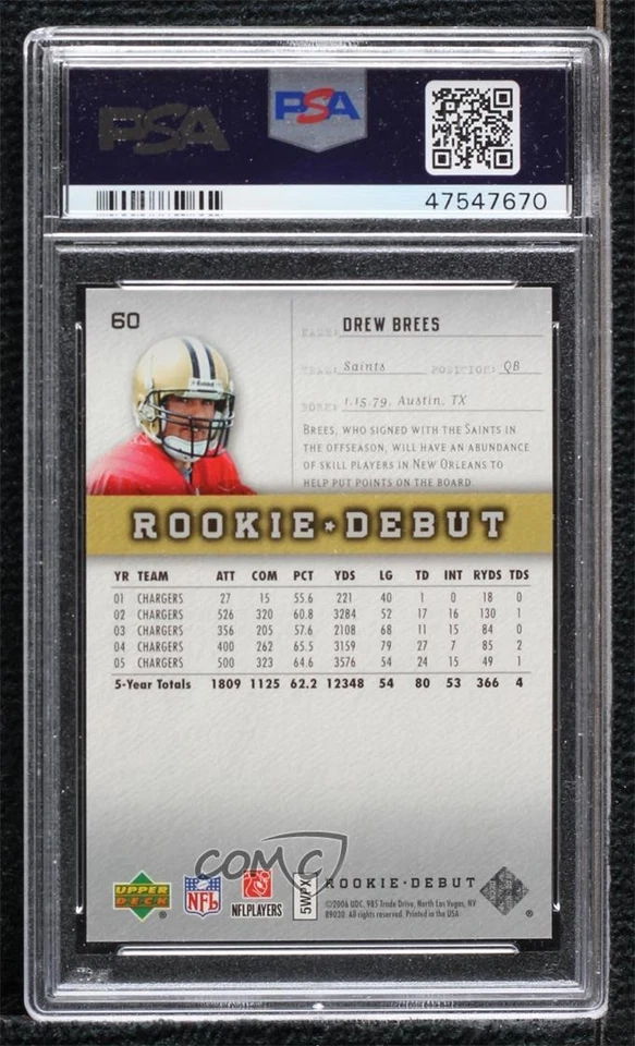 2006 Upper Deck Rookie Debut Drew Brees #60 PSA 10 GEM MT - Image 2 of 2