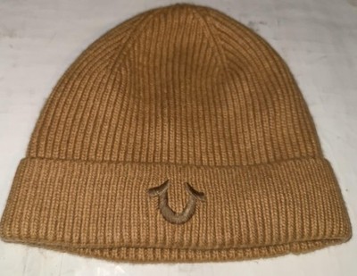 True Religion Hat Beanie Cuffed Rib Knit Brown Tan Embroidered Horseshoe  Unisex