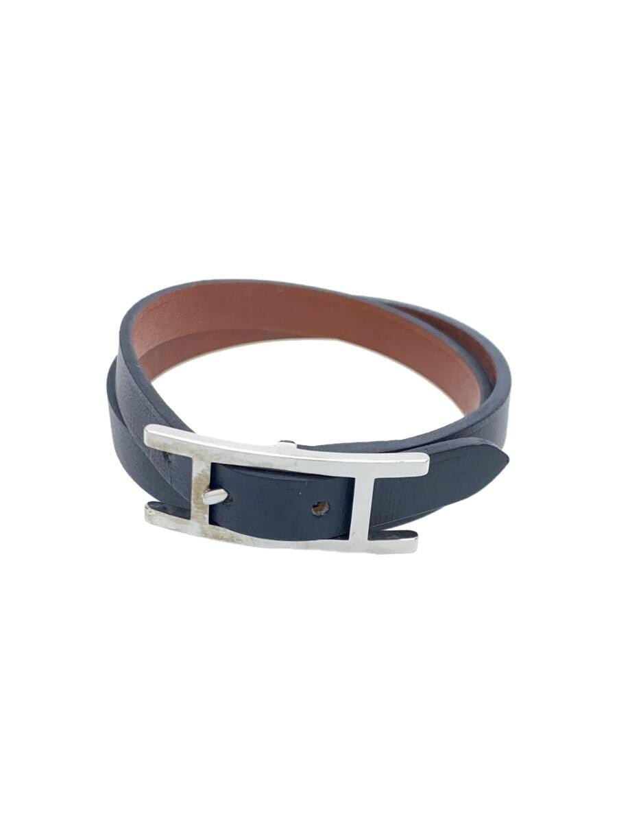 HERMES Double Tour Leather Bangle Black Womens Jewelry
