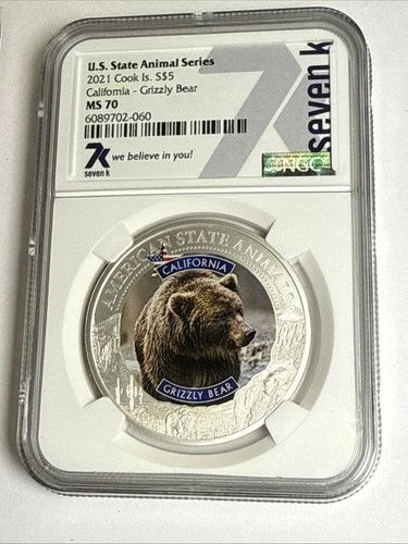2021 Cook Islands $5 U.S. State Animal California Grizzly NGC MS70 7k Metals