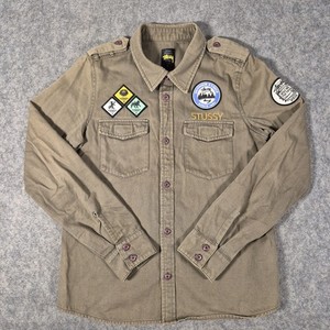 Vintage Utility Button Up Stussy Koszula Młodzieżowa Duża Brązowa Outdoor Etyka Naszywki
