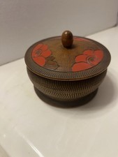 VTG Hand Carved Lid Round Wooden Wood Footed Trinket Box 4 Jewelry Vanity