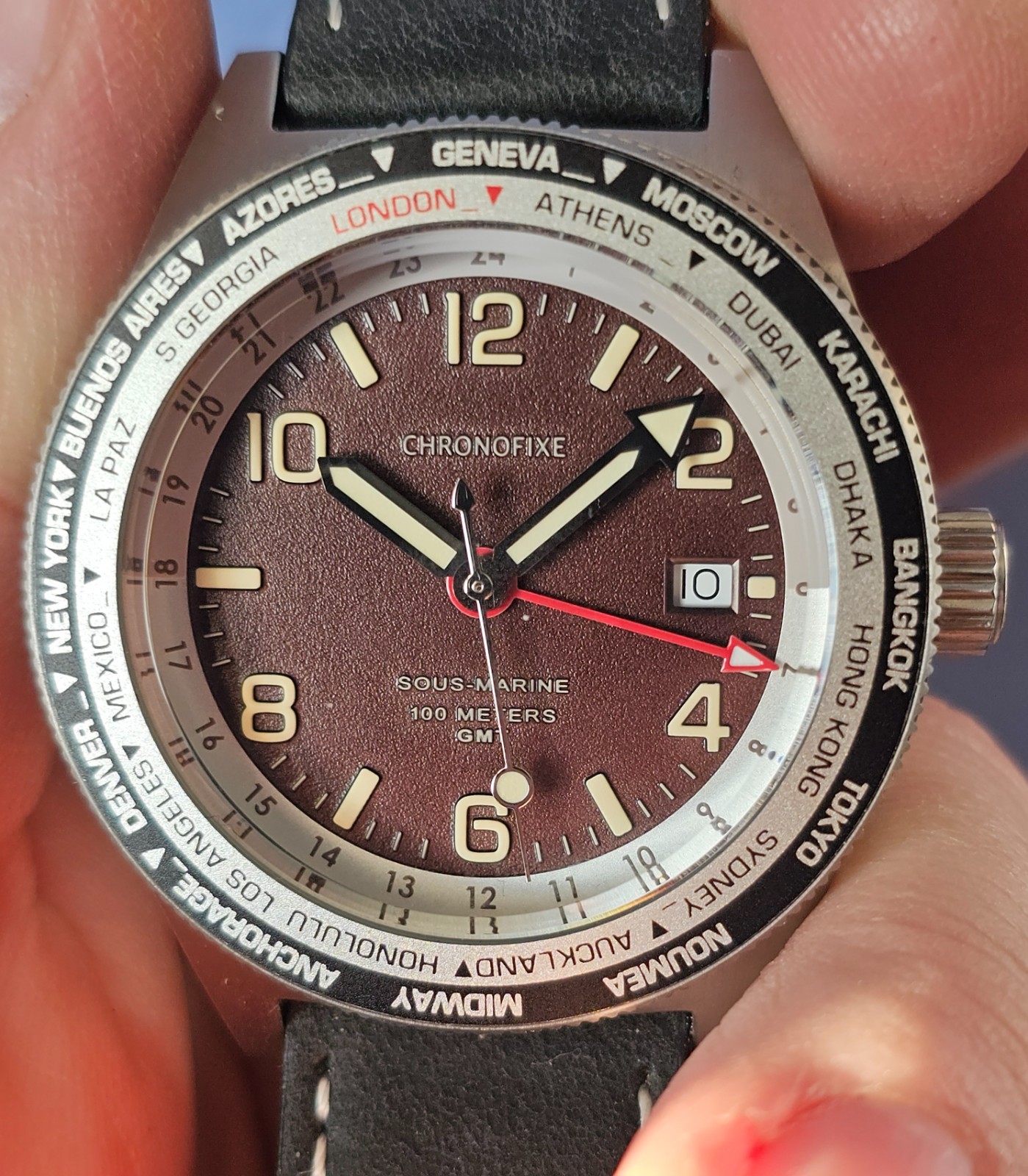 Chronofixe GMT Sous Marine World Time Watch Brown Dial / Leather Strap