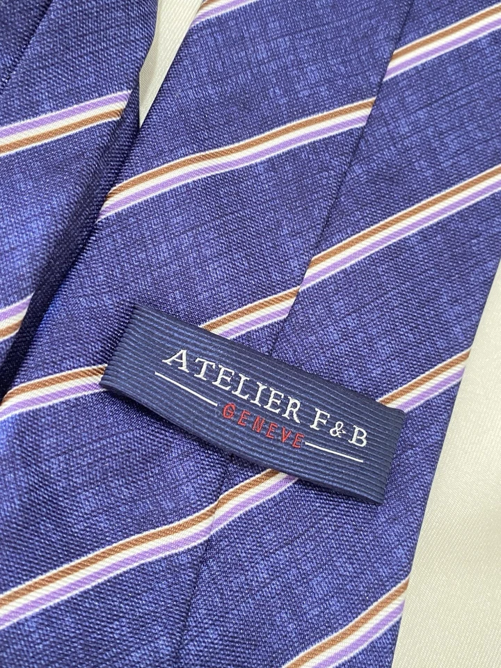 ATELIER F & B GENEVE made In France All Silk Blue Striped Men’s Tie - Image 2 of 4