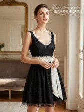 Women's Black Lace A-Line Scoop Neck Sleeveless Short Dress S White Bow Lined
