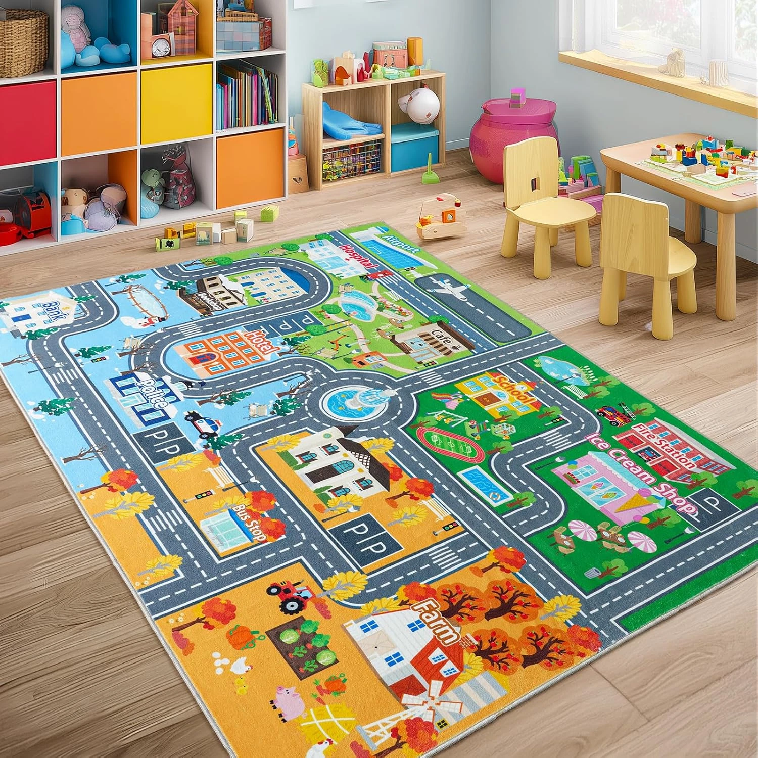 Car Rug Play Mat for Kids Toy Cars, 4' X 5' Town City Track Road Carpet, Non-Sli