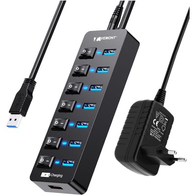 USB Hub Aktiv 3.0 mit Netzteil, 7 Ports USB Verteiler USB-Hub und 1 Intellige...