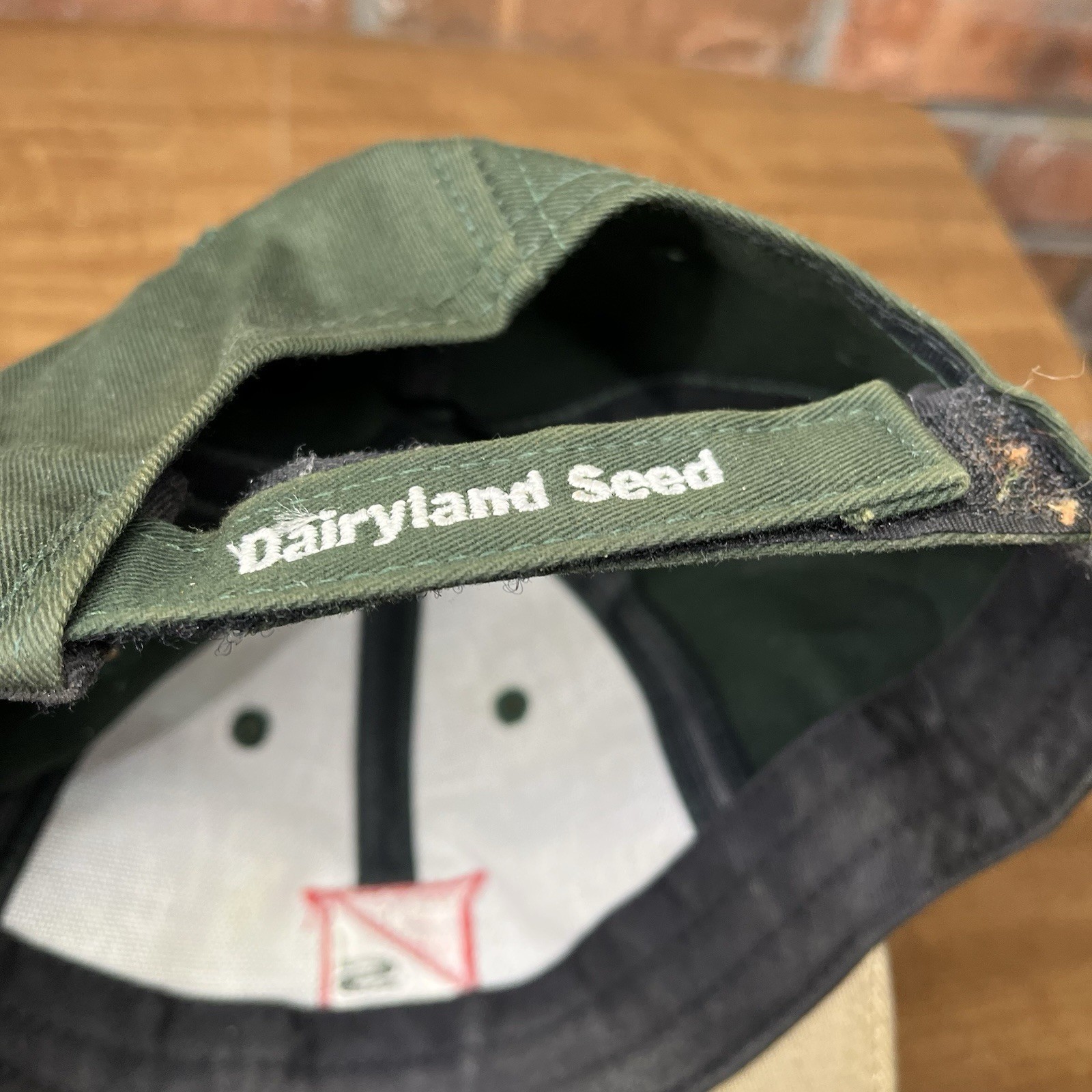 Green vintage baseball strapback hat with white embroidered text reading “Dairyland Seed” and red K-Products logo on front.