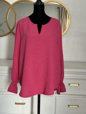 HOT PINK Boho Swiss Dot PEASANT TOP Size L Elastic Sleeves Tunic by Counterparts