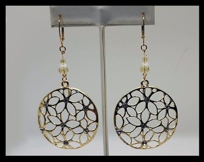 Gold Colored Enamel Floral Leverback Earrings with Clear Crystal Accents