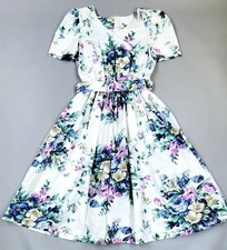 Vtg 80s MISS OOPS California Womens Pastel Floral Dress Belted Midi Pockets