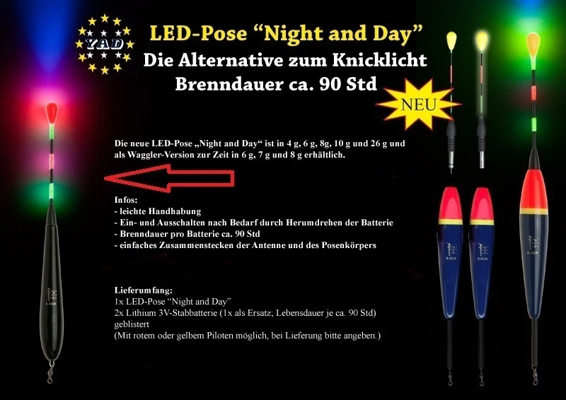 ☀️☀️☀️☀️☀️ 1x LED Waggler YAD-Pose"Night a Day"4,6,7,8,16, 20g.inkl.2x CR435 3V