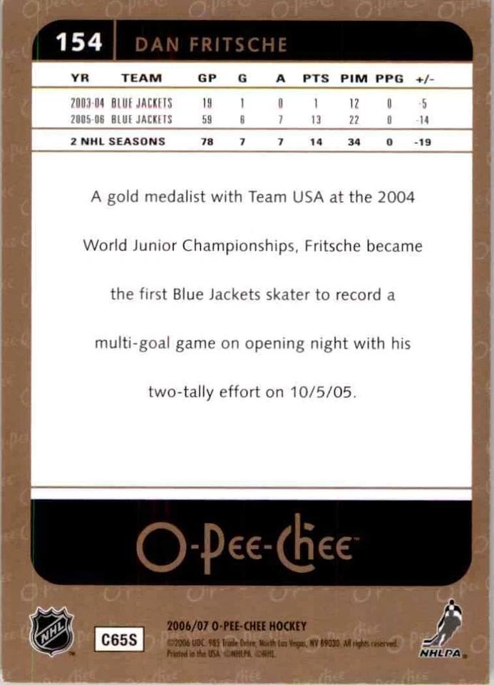 2006-07 O-Pee-Chee Dan Fritsche #154 - Image 2 of 2