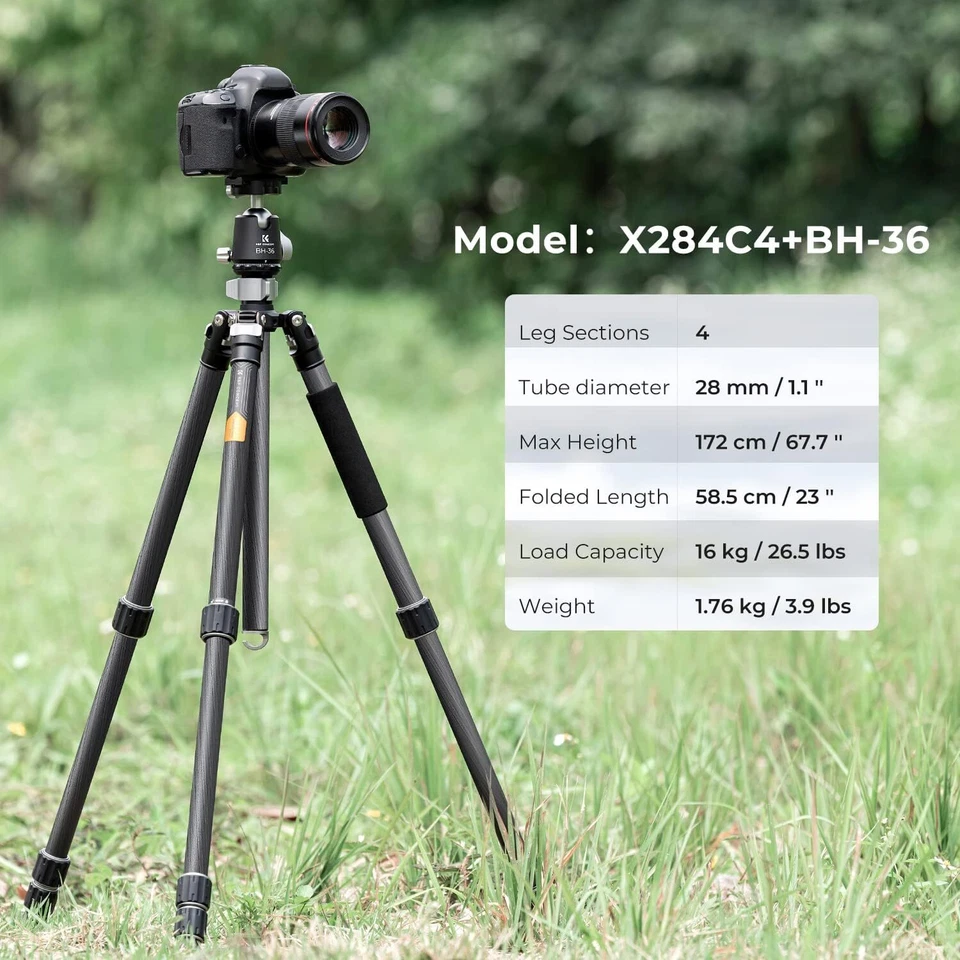 K&F Concept 68in Carbon Fiber Camera Tripod Professional with Metal Ball Head - Image 2 of 4