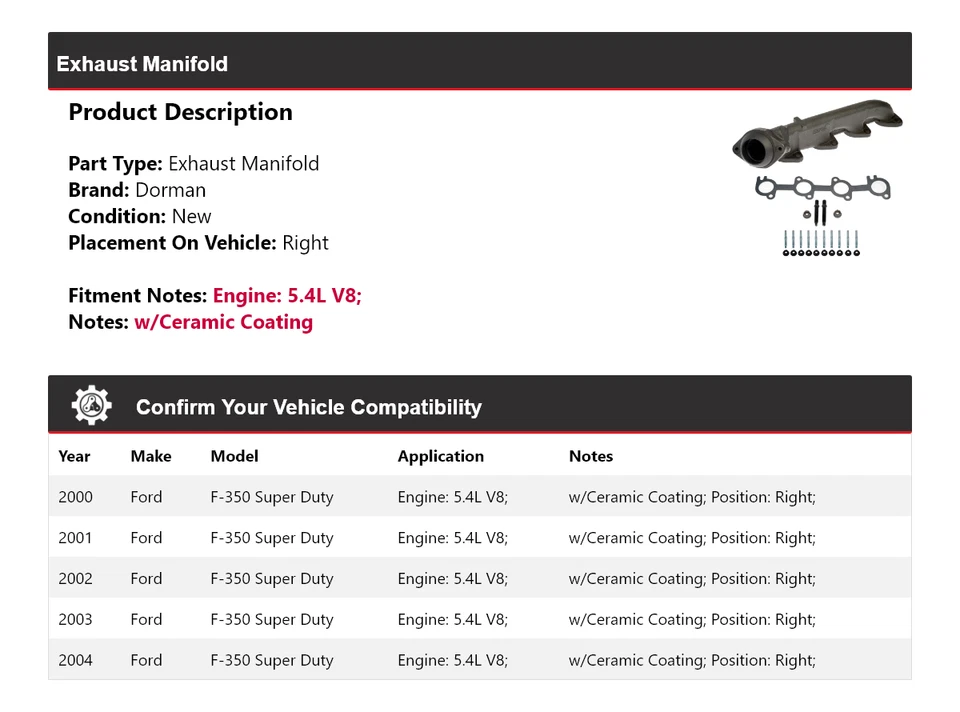 Colector de escape derecho 2001 para Ford F-350 Super Duty 2000-2004 5,4 L V8 Dorman Foto 2 de 4