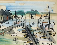 1950's Raoul Dufy Style French Naive Watercolor Of Sailboats. Signed Illegibly