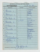 7-21-89 Pittsburgh Pirates - Game Used Lineup Card - Barry Bonds & Jim Leyland