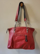 Tignanello Red Pebble leather Purse shoulder bag Silver Chain Zip Double Handles