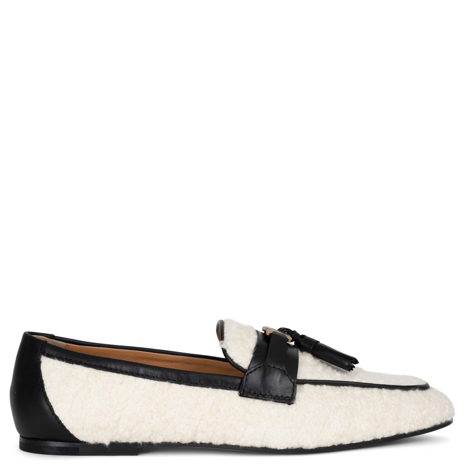 71386 auth TOD'S cream & black TASSLED BOUCLE & LEATHER Loafers Shoes 38.5