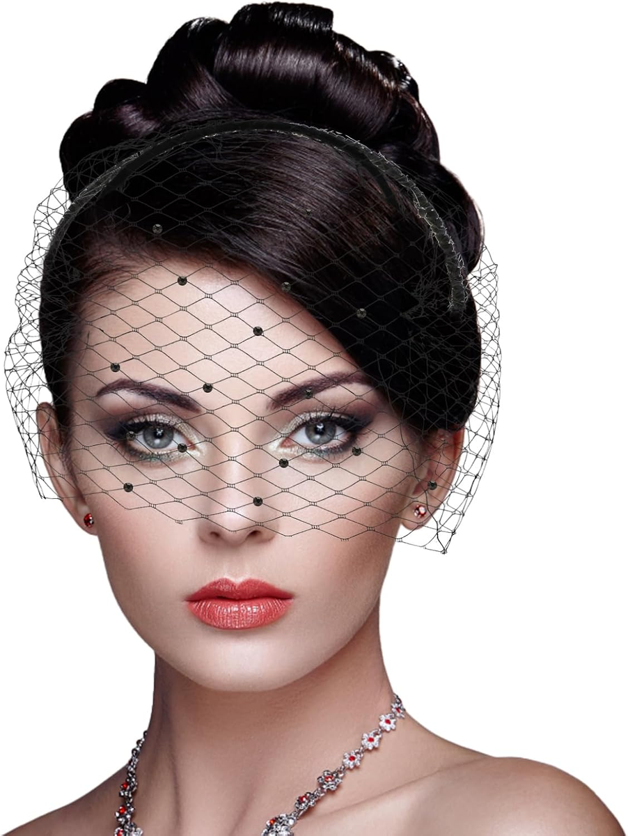 Bellissima Black Rosette Fascinator Headband with Birdcage Veil Elegant Black Fascinator Hat with Veil & Flowers | Wedding  main image 4