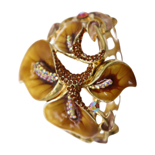 New Women Gold Metal Lily Brown Flower Wrist Cuff Bracelet Bling Fashion Jewelry - Picture 14 of 24