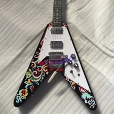 Handmade Jimi Hendrix Black Flower Printing V Electric Guitar HH Pickups Stcok