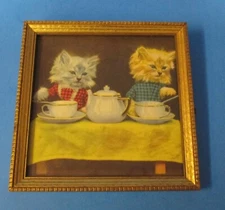 adorable old small mini framed picture 2 kitty cats cat having tea /coffee rj