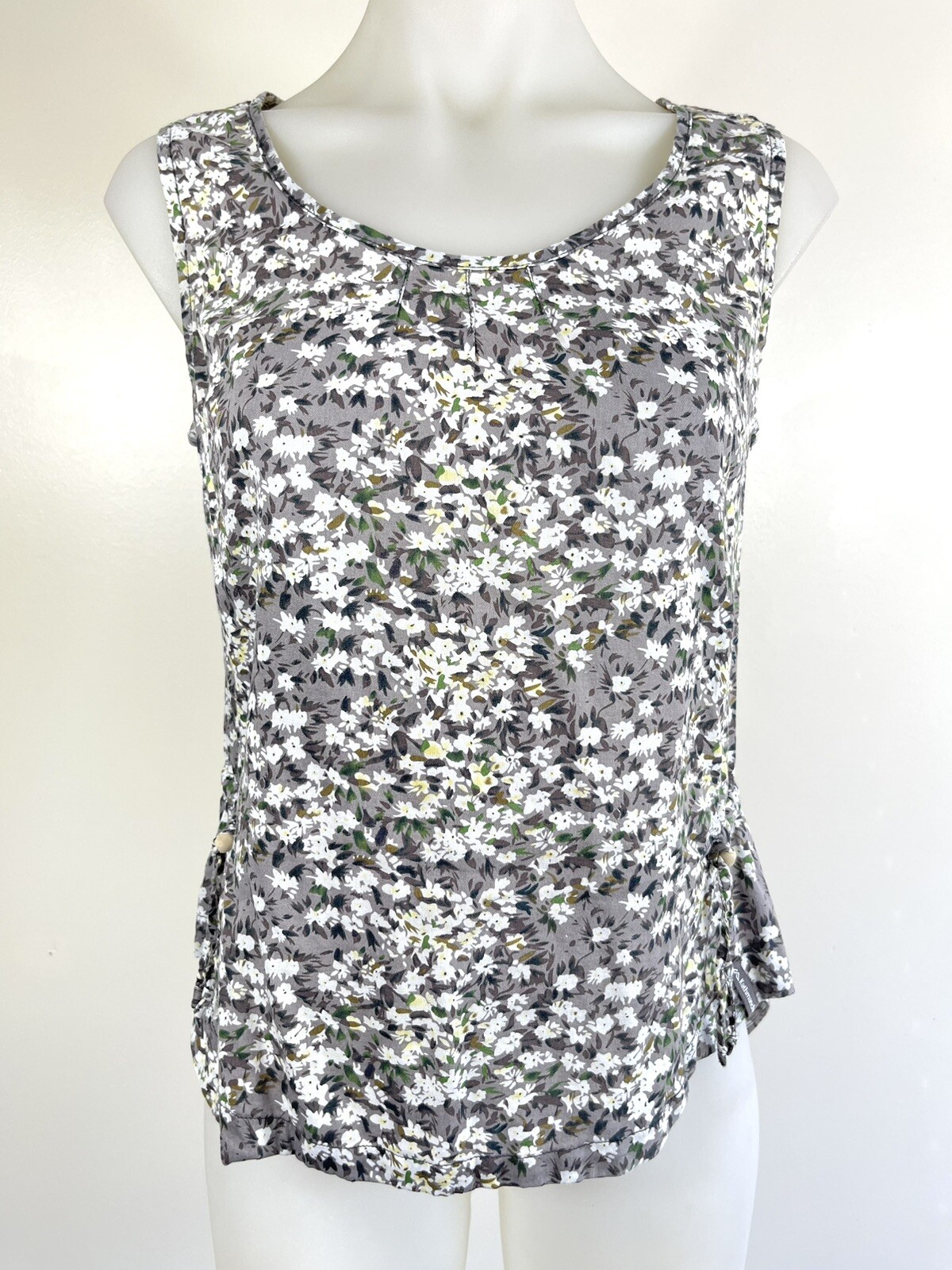 KATHMANDU Top Womens Size 8 Enact Grey Floral Organic Cotton Lace Trim Summer