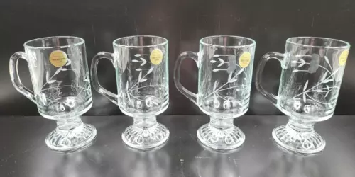 4 Princess House Heritage Irish Mugs Set Elegant Clear Floral Etch Drink Cup Lot