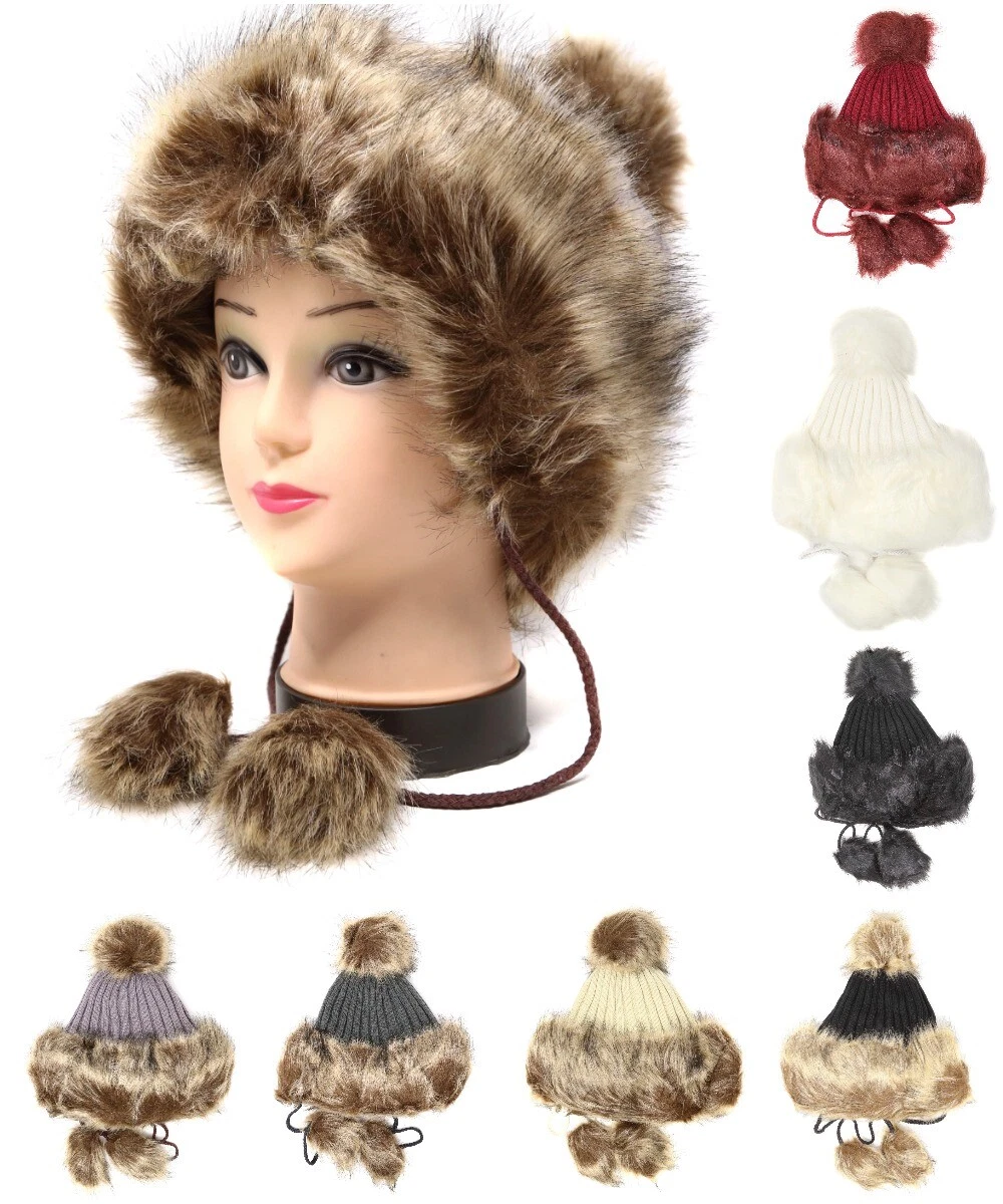 Women Winter Beanie Knit Hat Cap Fur Lined Crochet Thick Warm hat Fur Trim Cuff