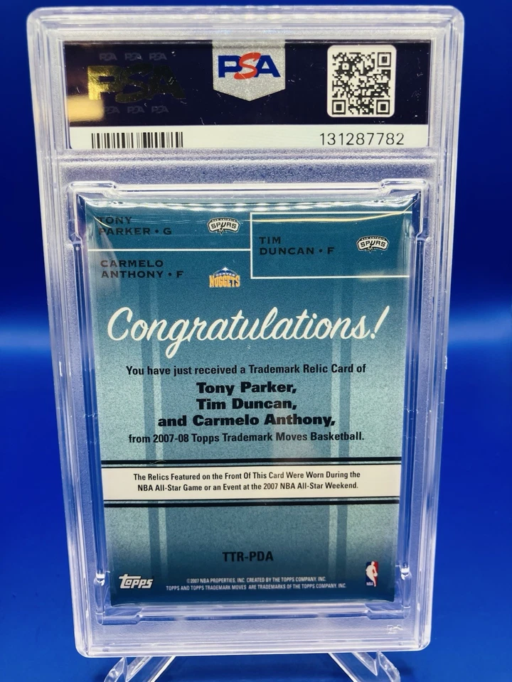 2007 Topps Trademark Relics Tony Parker Tim Duncan Carmelo Anthony/50 POP 1 PSA Foto 2 de 2