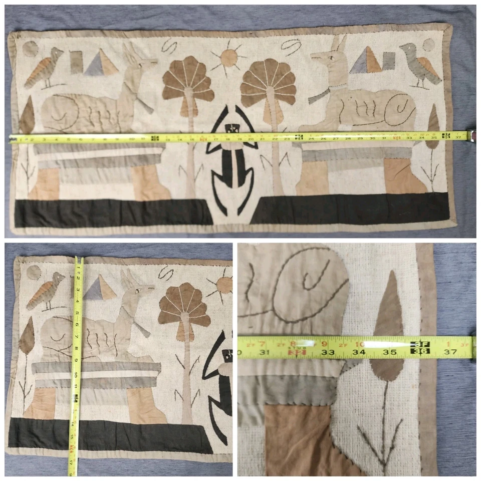 Antique Egyptian Revival Wall Quilt 1920s Hand Sewn Folk Art Anubis Dog Scarab - Image 2 of 4