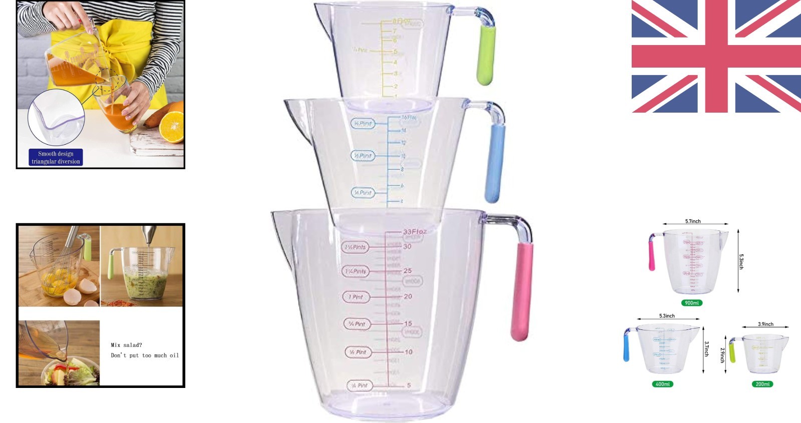 Accurate Measuring Jug Set - BPA-Free with Angled Grip, 3 Sizes for Every Recipe