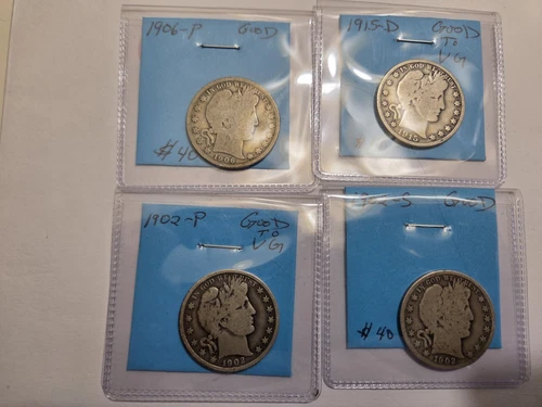 Four (4) Barber Halves 1902-P, 1902-S, 1906-P, and 1915-D Good to Very Good Nice