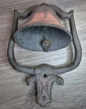 Old Large Cast Iron Dinner Bell Longhorn Bull Cow Steer USA Not Repro 12X8 1/2