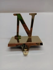 Letter Initial N  Gold Monogram Stocking Holder Hanger Holiday Xmas 5"x5" 