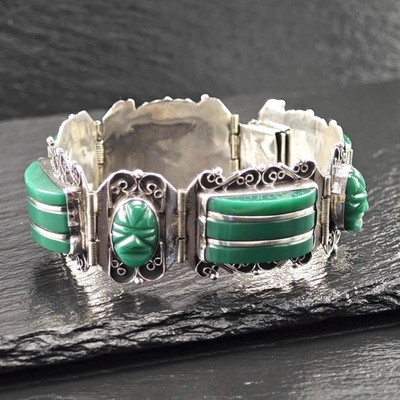 Mexico Green Onyx Mask Panels Bracelet Sterling Silver Sz 7''