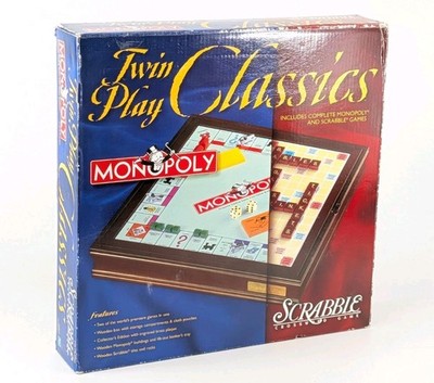 Hasbro Monopoly Scrabble Twin Play Classics Wooden Box Board Games 2000 Flawless