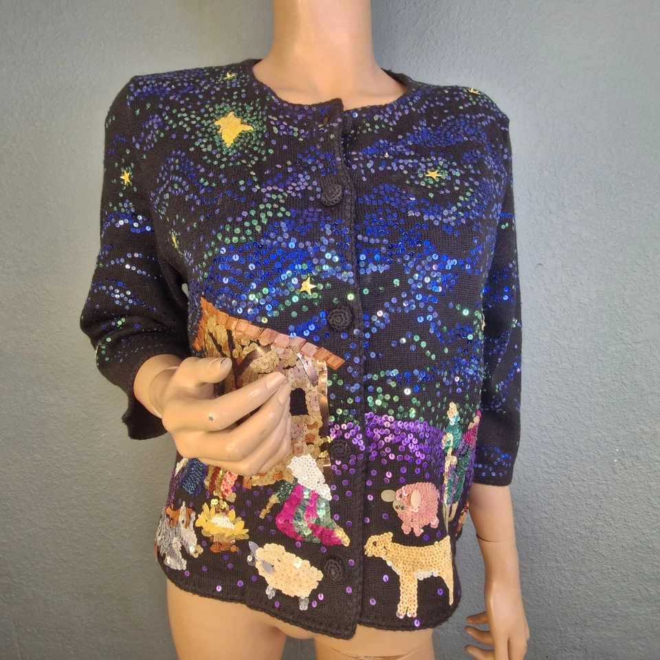 Cárdigan Suéter Michael Simon Evento Negro Belén Navidad Cuentas Lentejuelas M Foto 2 de 4