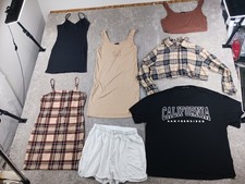 Shein Curve Lot Of 7 Womens Dress Shirt Shorts Plaid 0XL XL Beige Black